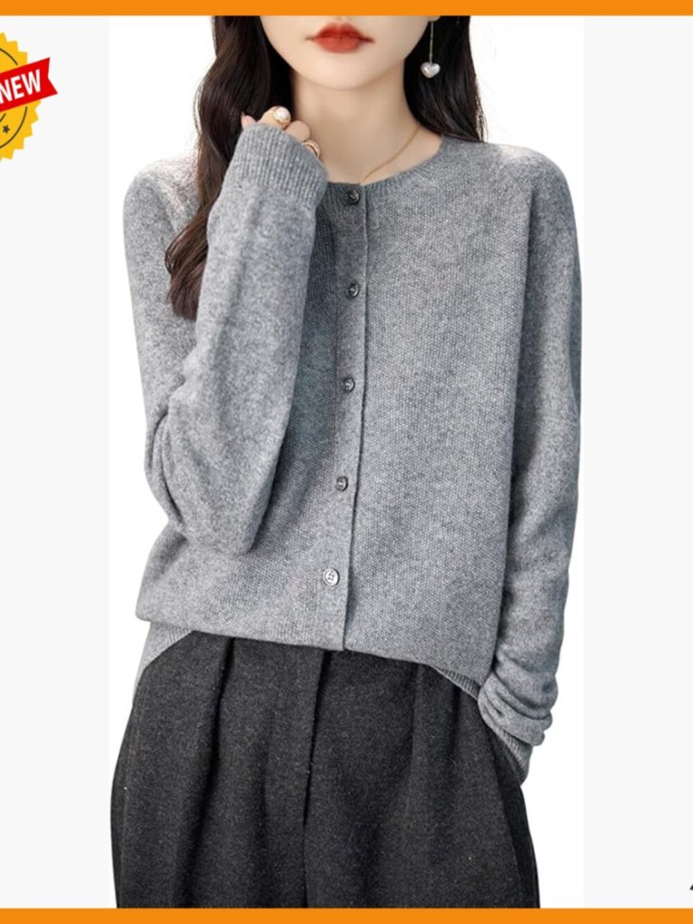 100% Merino Wool Seamless Cardigan Sweater Crewneck Long Sleeve